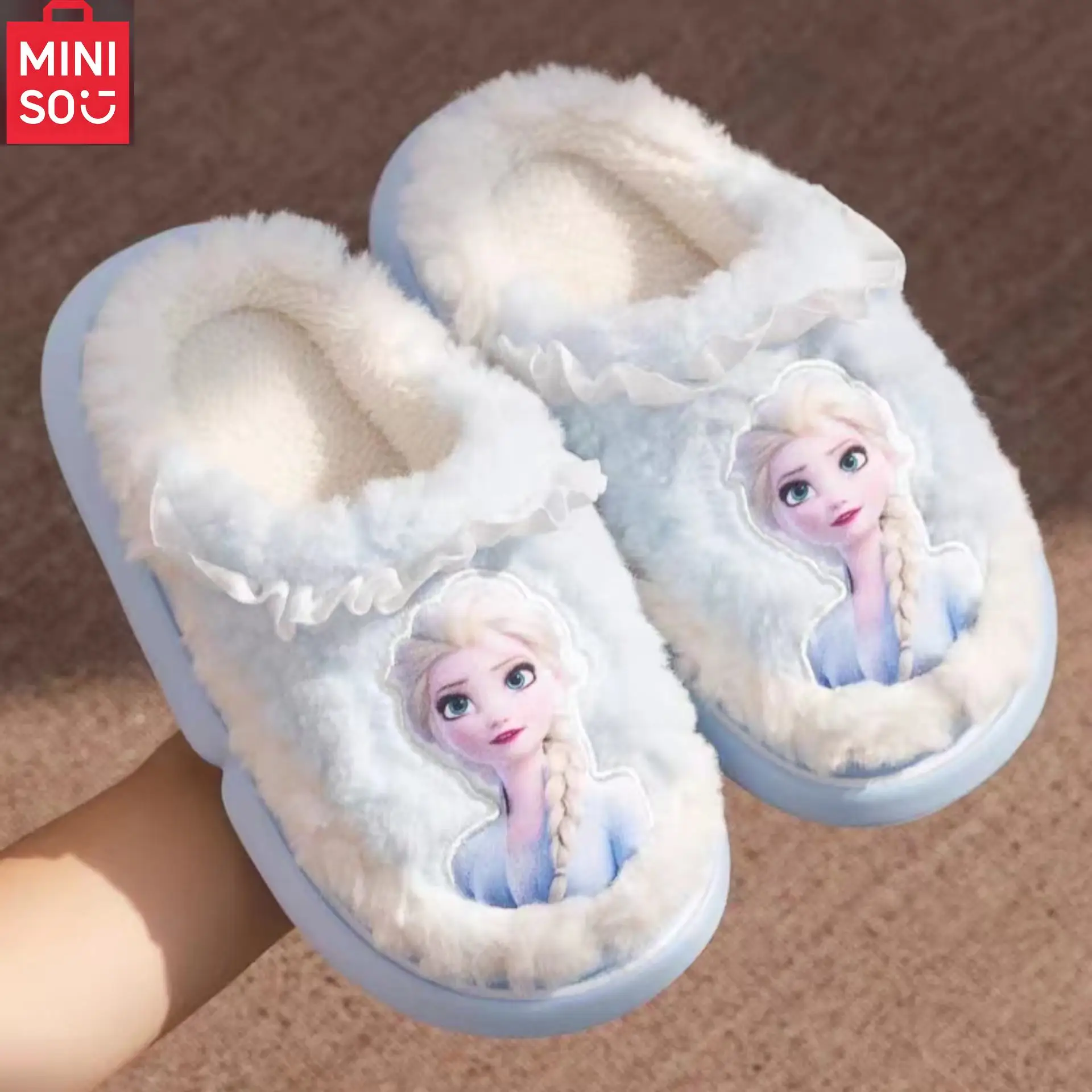 

Miniso Frozen Elsa аниме с мультяшным принтом, осенне-зимние детские теплые нескользящие толстые хлопковые тапочки