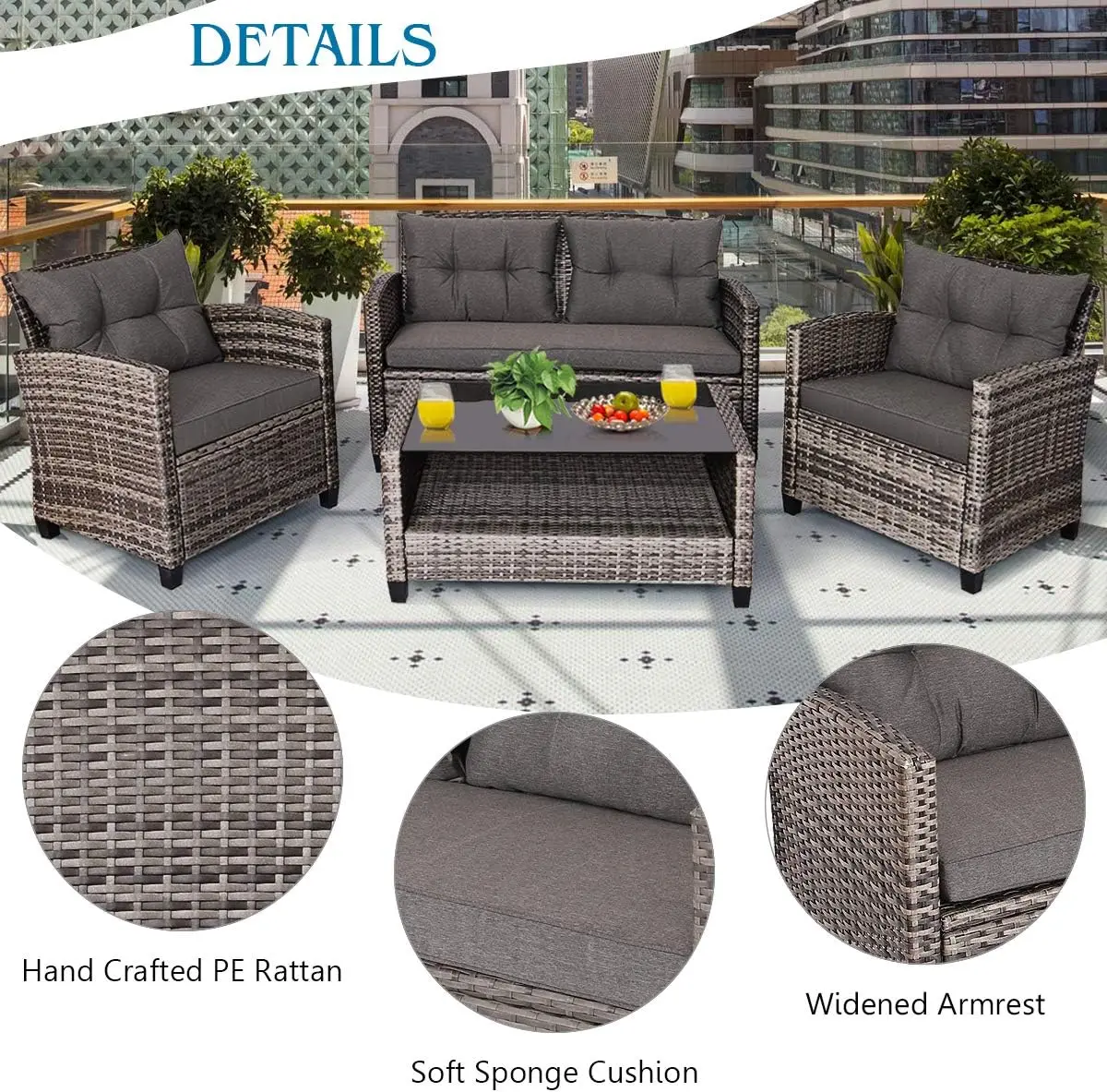 Pátio Wicker Conversação Móveis Set, Sofá ao ar livre do Rattan Set com almofada acolchoada, mesa de café de vidro temperado, 4 pcs