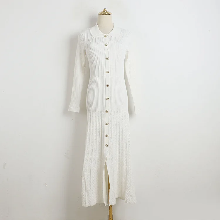 Franse elegante en afslankende stretch gebreide jurk revers single-breasted knopen lente herfst lange mouwen lange geplooide jurk