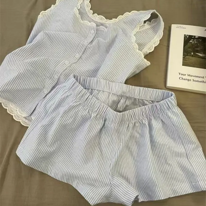 

Новый летний комплект больших размеров с полосатым кружевным воротником, жилет Spwear ort Pants, комплект домашней одежды для молодых женщин, милая домашняя одежда