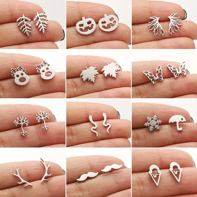 Punk Stainless Steel Geometry Earrings Men Women Fashion Skull Snake Neuron Snowflake Ear Studs Boho Leaf Earing Pendientes 2024