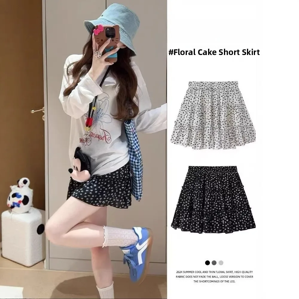 

Черная юбка А-силуэта с цветочным принтом, женская, с завышенной талией, облегающая, средней длины, в горошек, многоярусная, весна-лето, новый стиль