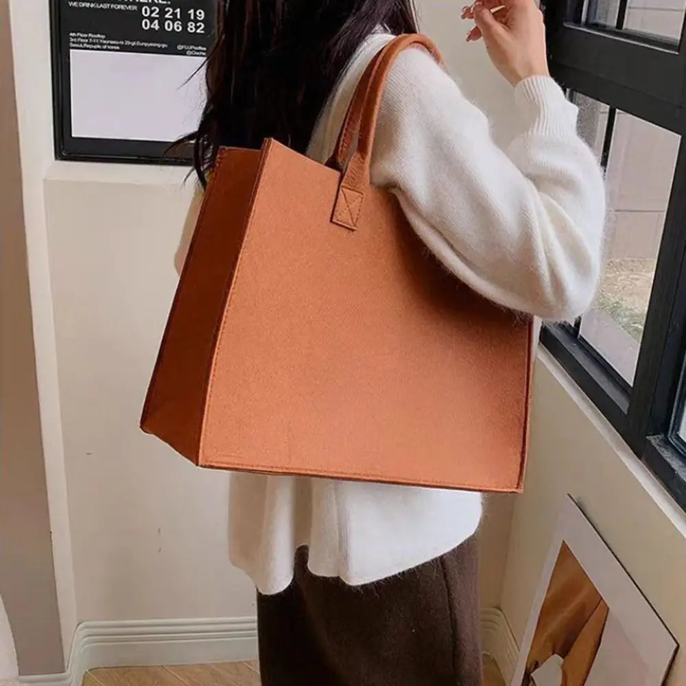 Large Capacity Felt Shoulder Bag Messenger Bag Fashion Solid Color Handbag Simple Tote Bag Shopping Bag for Woman Girls