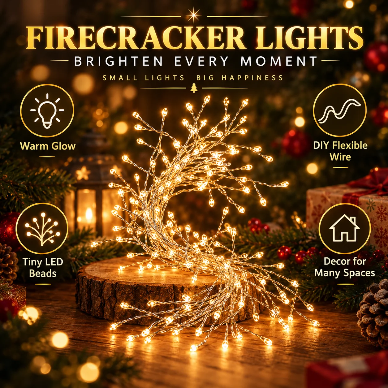 Christmas Firecracker Lights USB Powered 100LED/200LED 8 Modes Cluster String Lights for Tree Window Patio Party Holiday Decor