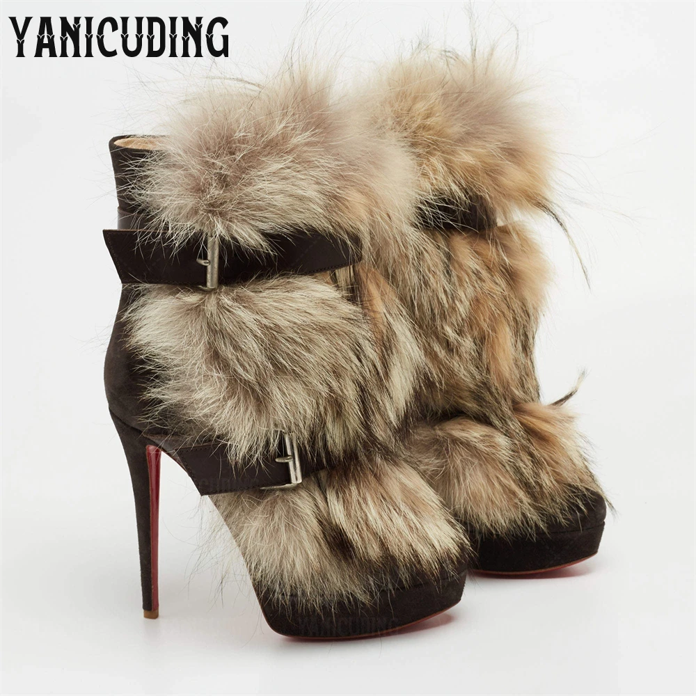 

Leather Fur Platform Ankle Boots Grey Brown Belt Buckle Booties Luxurious Fur Handmade Boots for Women Black Brown Grey Boots