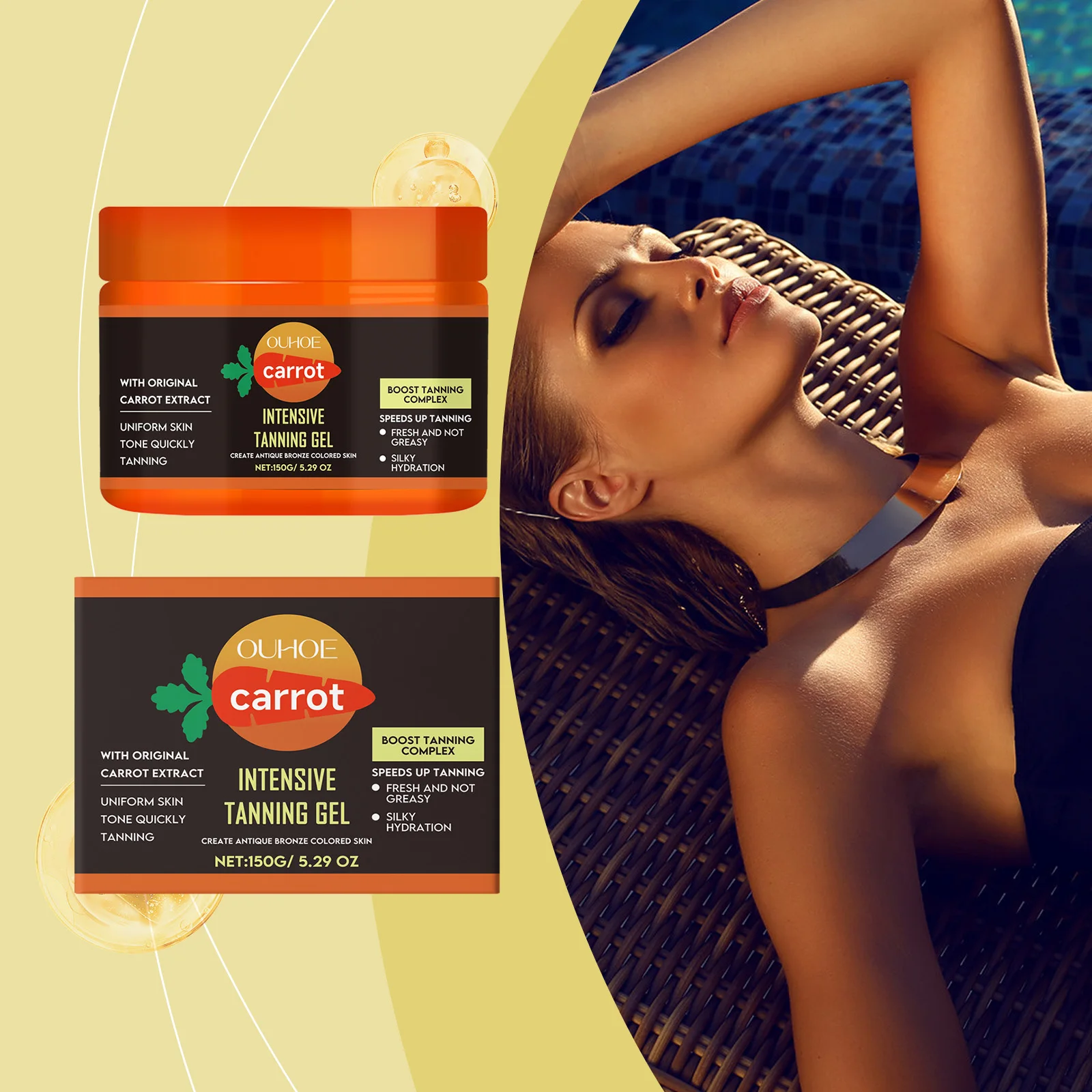 Gel Bronceador de Zanahoria Hidratante, ligero y de rápida absorción, gel nutritivo para un tono de piel bronceado natural y duradero.