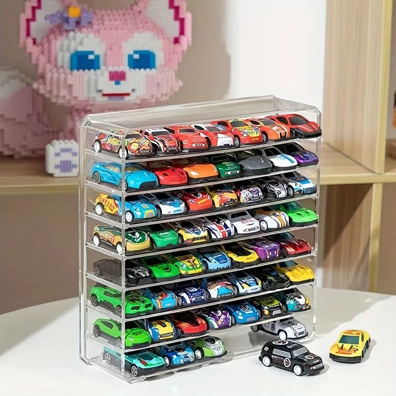 Contemporary Style Plastic Display Stand for Model Cars, Multi-Layer Transparent Storage Organizer with Dividers