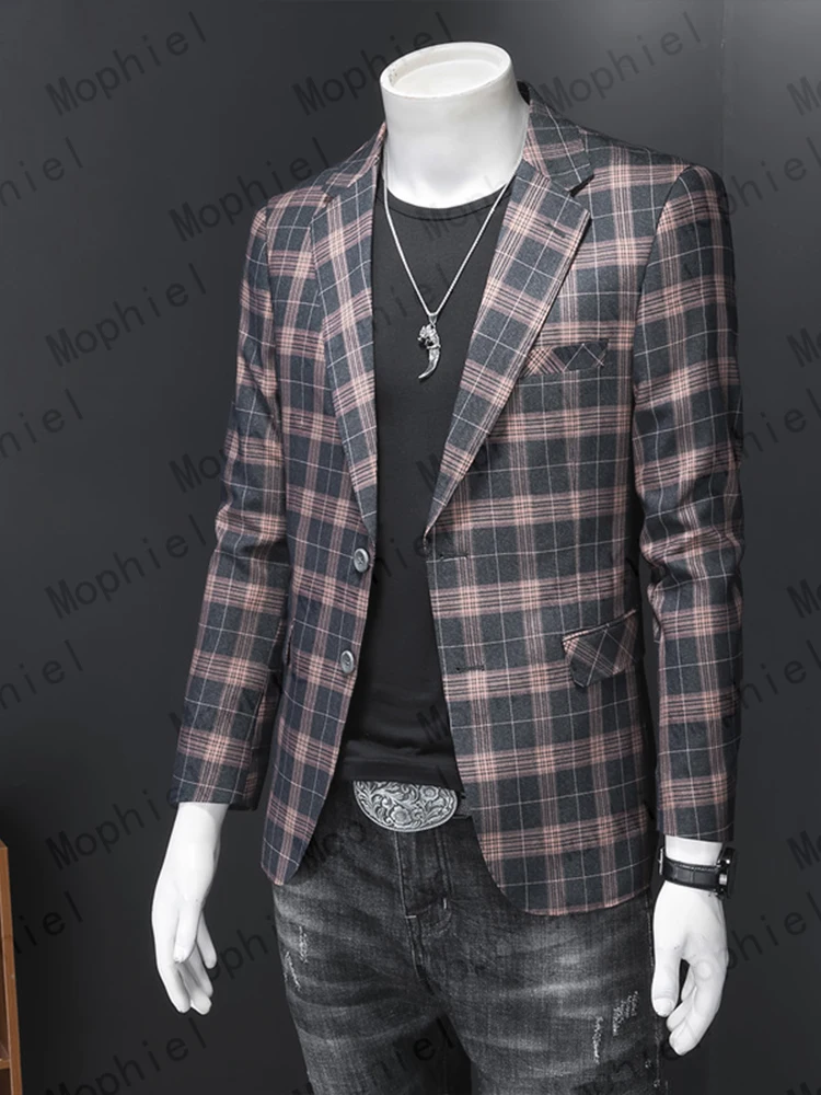 Mophiel Men's Suits and Separates Plaid Jacket with Notched Lapel One Button Slim Fit Business Office Single Coat Customized