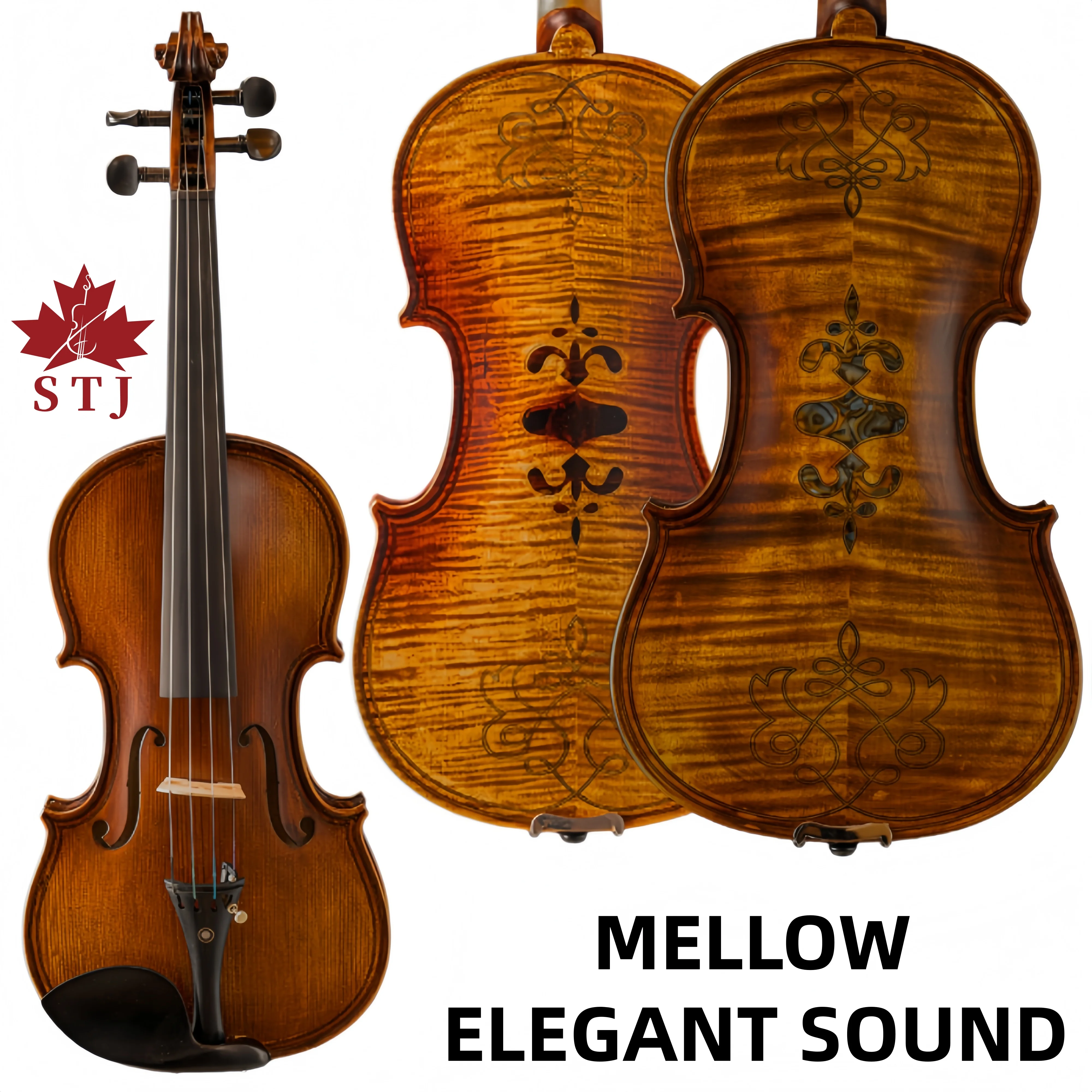 STJ 4/4 Violin Inlay Nice Shell Back Strad Style European Spruce Wood Fiddle Mellow and Elegant Sound Violin Case Bow