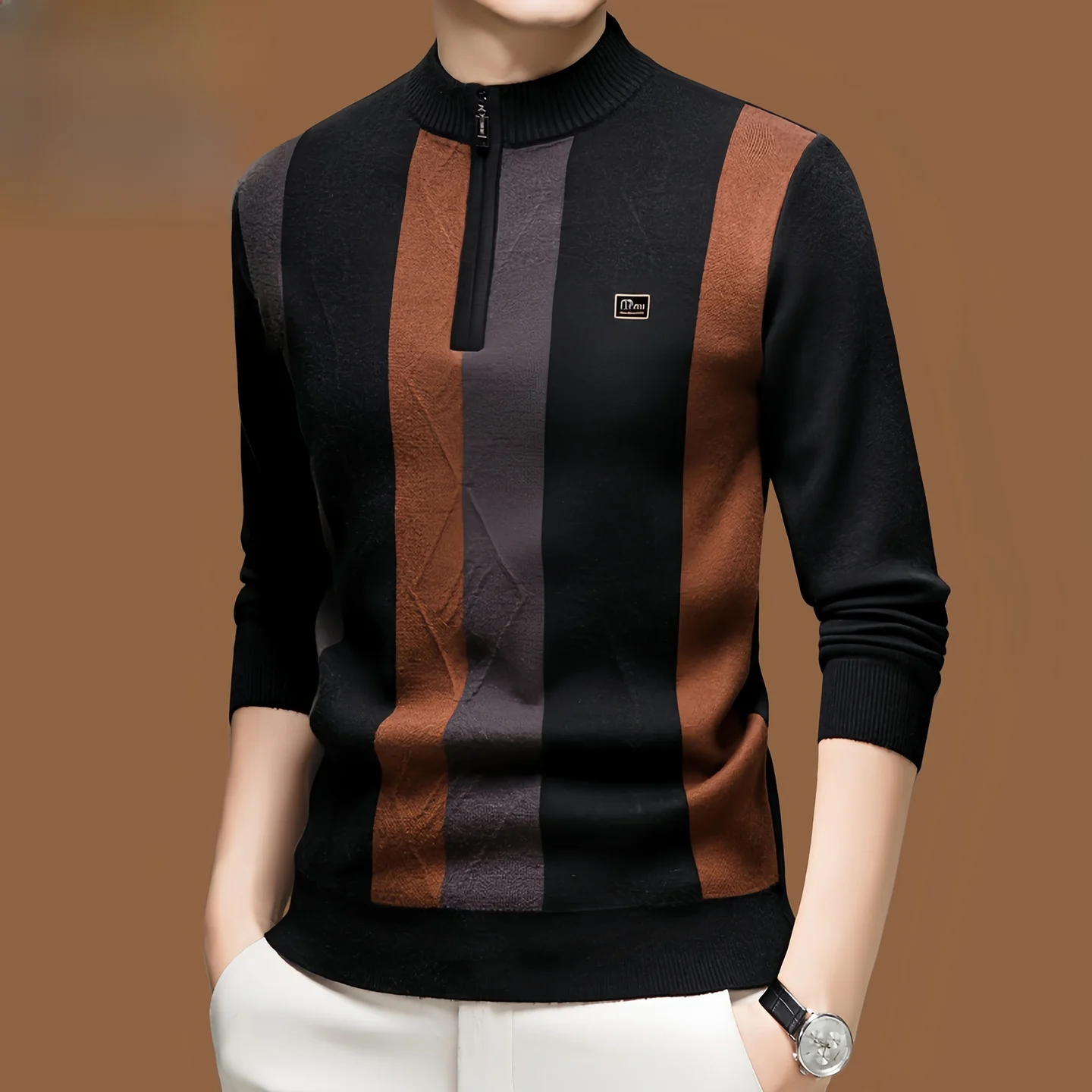 

Мужской свитер на молнии до середины груди из смесовой шерсти, свободного кроя, с полосками и цветовыми блоками, на кашемировой основе, удобный, дышащий, для осени и зимы