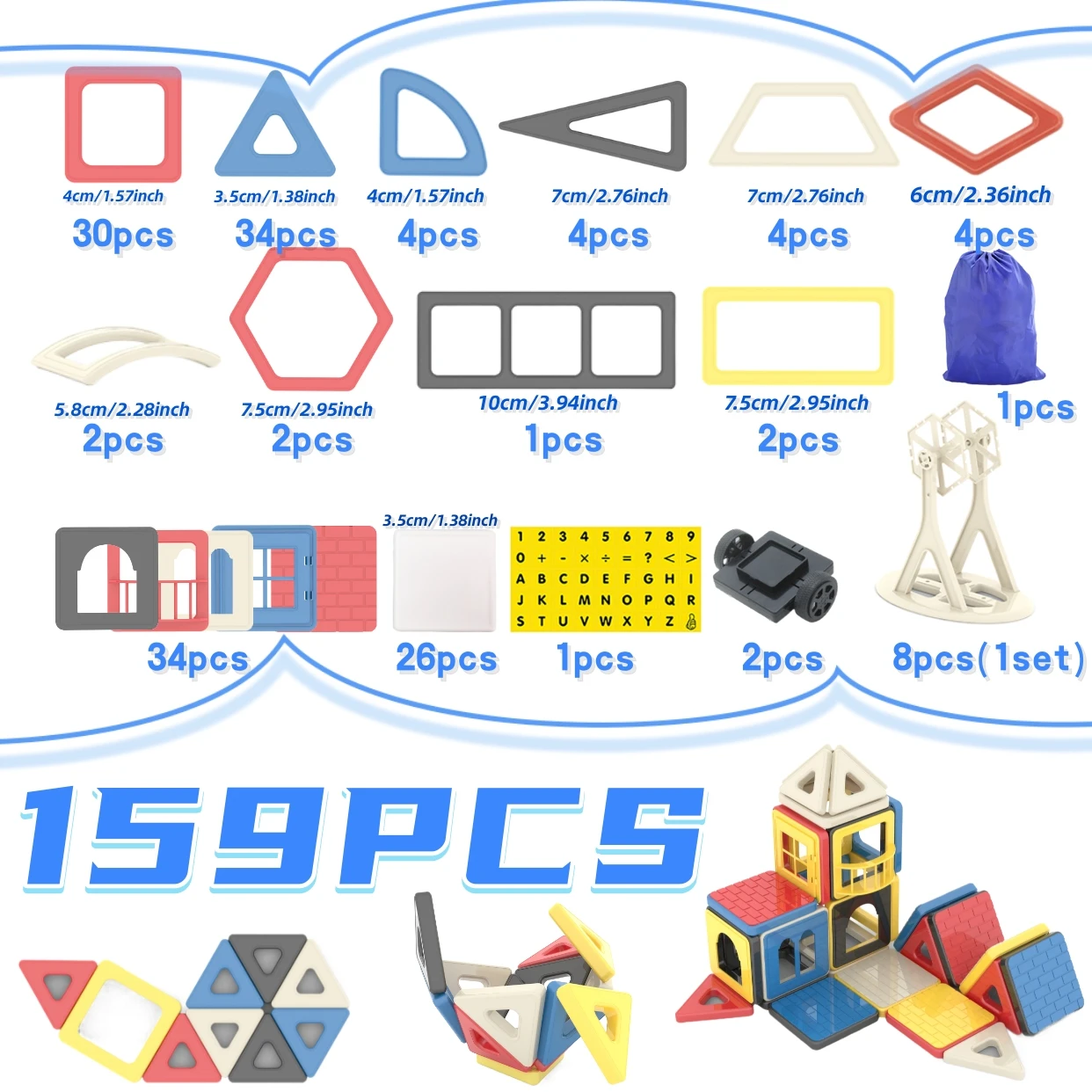 159 elementów Magnetyczne Klocki Konstrukcyjne Zabawki Edukacyjne STEM dla Chłopców i Dziewczynek w Wieku 3+, 4, 5, 6, 7, 8 Lat