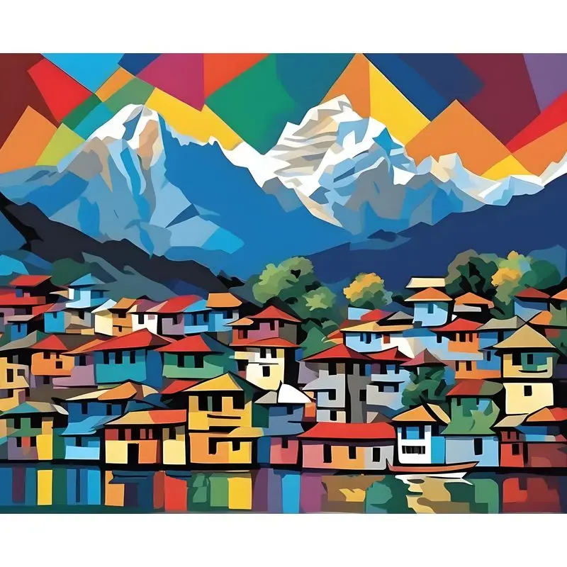 Abstract village and mountains bold colours painting by numbers kit