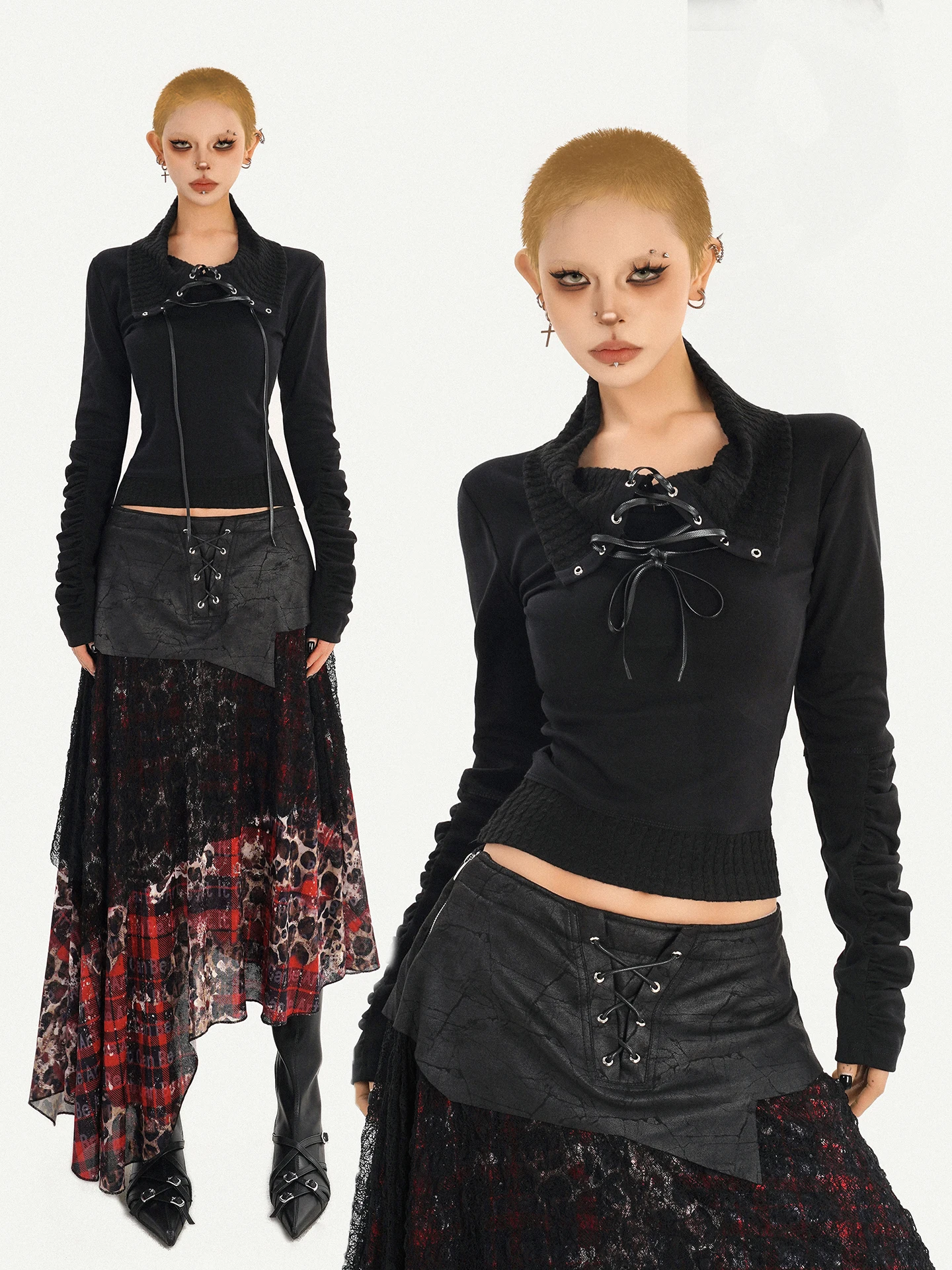 

Готическая женская футболка с длинным рукавом, кружевными вставками и поясом, в стиле панк, укороченная