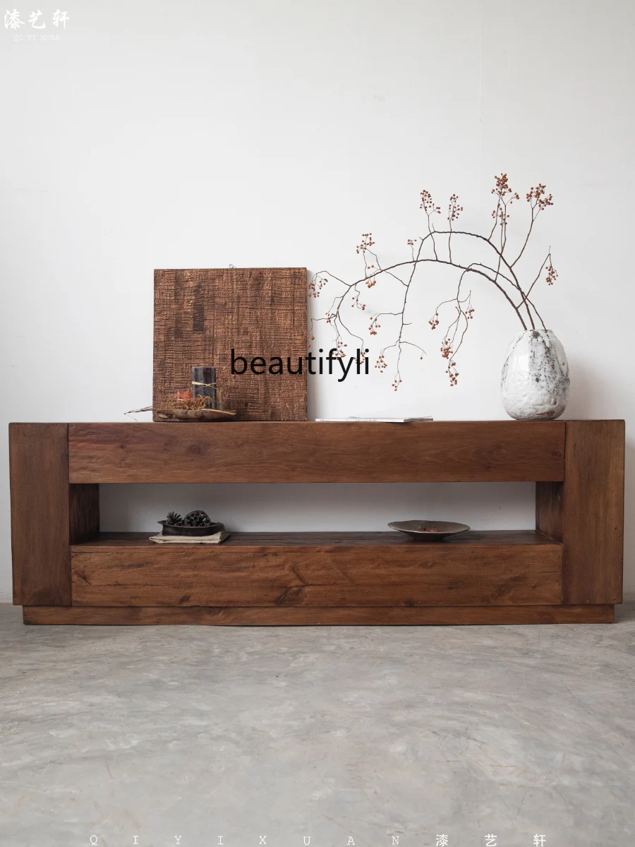 Qiji نمط خزانة تلفزيون من الخشب الصلب بسيطة قديمة أرضية خشبية غرفة المعيشة خزانة تلفزيون الرجعية خزانة المدخل #3