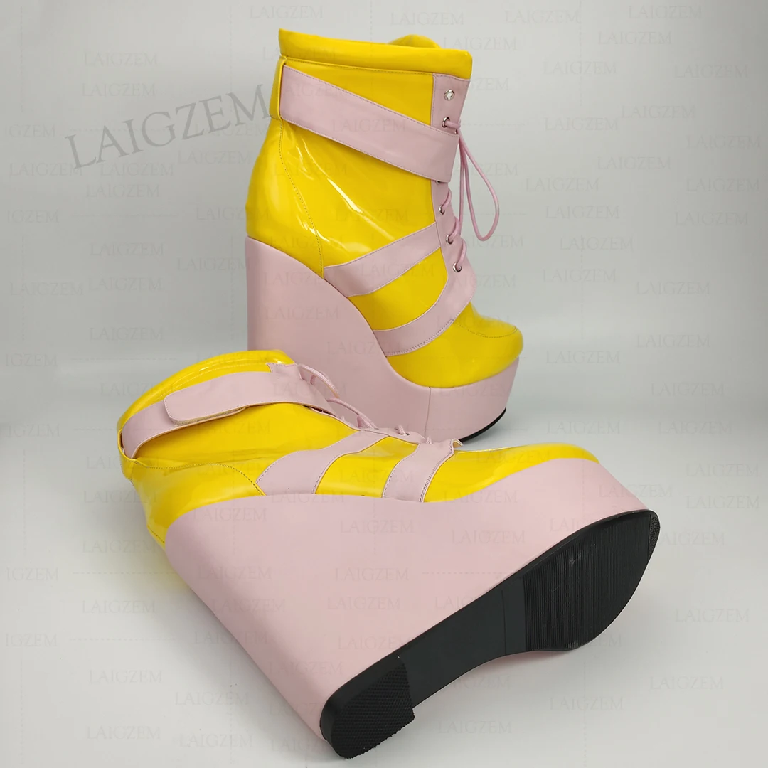 LAIGZEM Women Ankle Boots Patchwork Platform Wedges Cosplay Unisex Booties Ladies Height Increase Shoes Woman Big Size 44 46 52