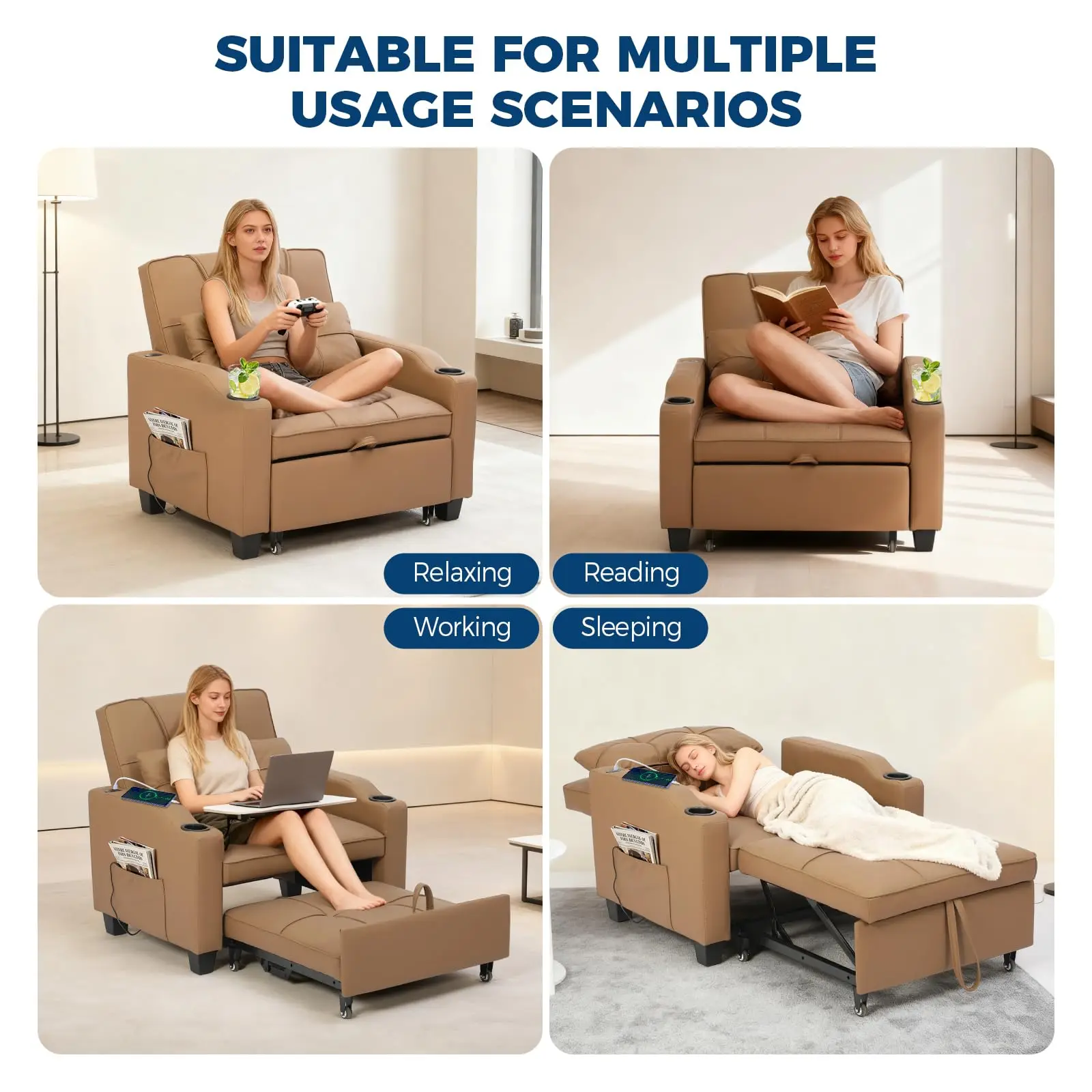 3-in-1 Convertible Sleeper Chair Bed, Modern Pull-Out Sofa with Adjustable Backrest, USB Ports, Cup Holders & Side Pockets, Space-Saving for Living Room, Bedroom, Small Spaces, Brown/Black/Gray image 8