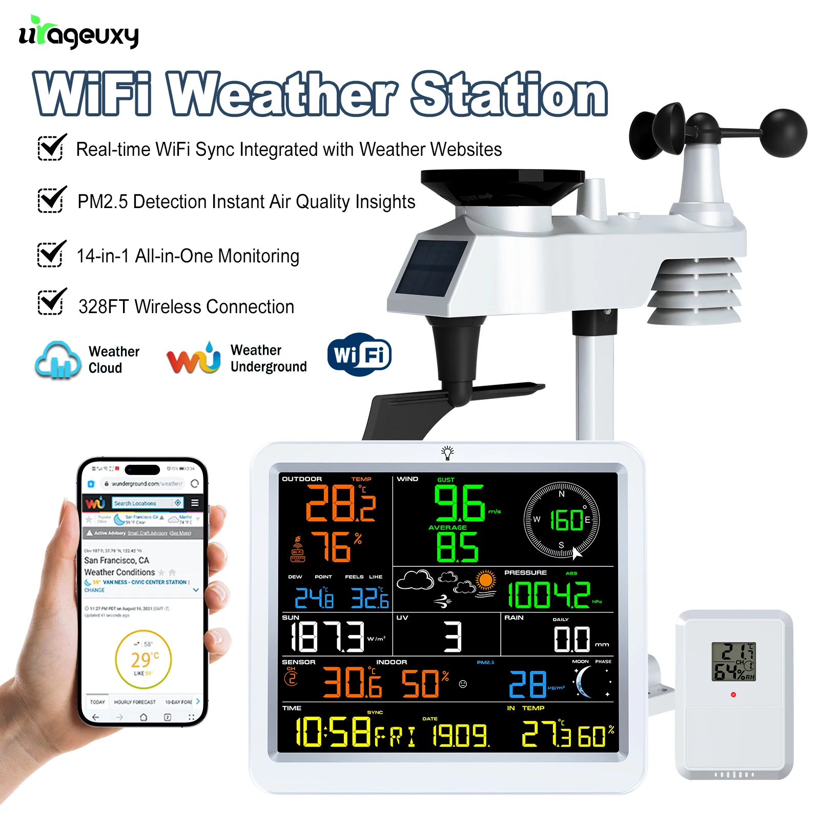 Smart WiFi Weather Station 14-in-1 Multi-Function Weather Forecast Monitor with PM2.5 Detection Wireless APP Sync for Home