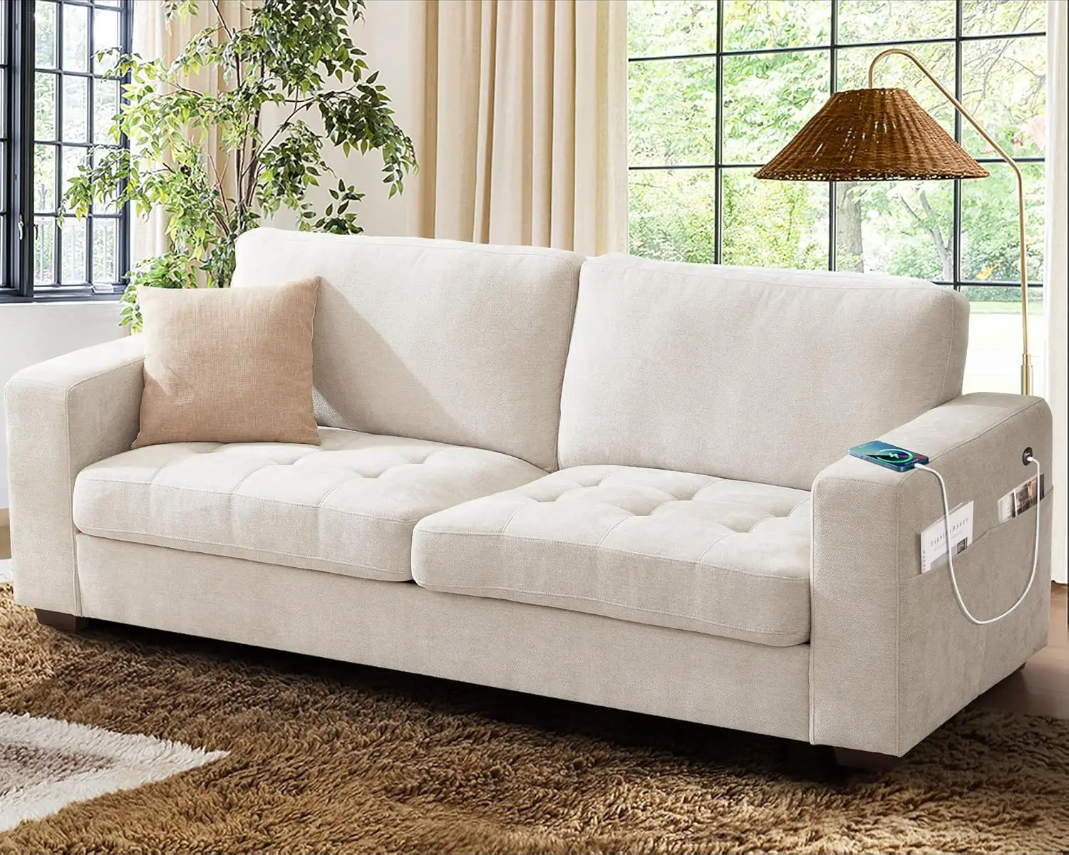 

89 Inch Sofa Couch, Modern 3 Seater Couch w/ Removable Covers & USB Ports, Large Chenille Comfy Sofa for Living Room, Apartment