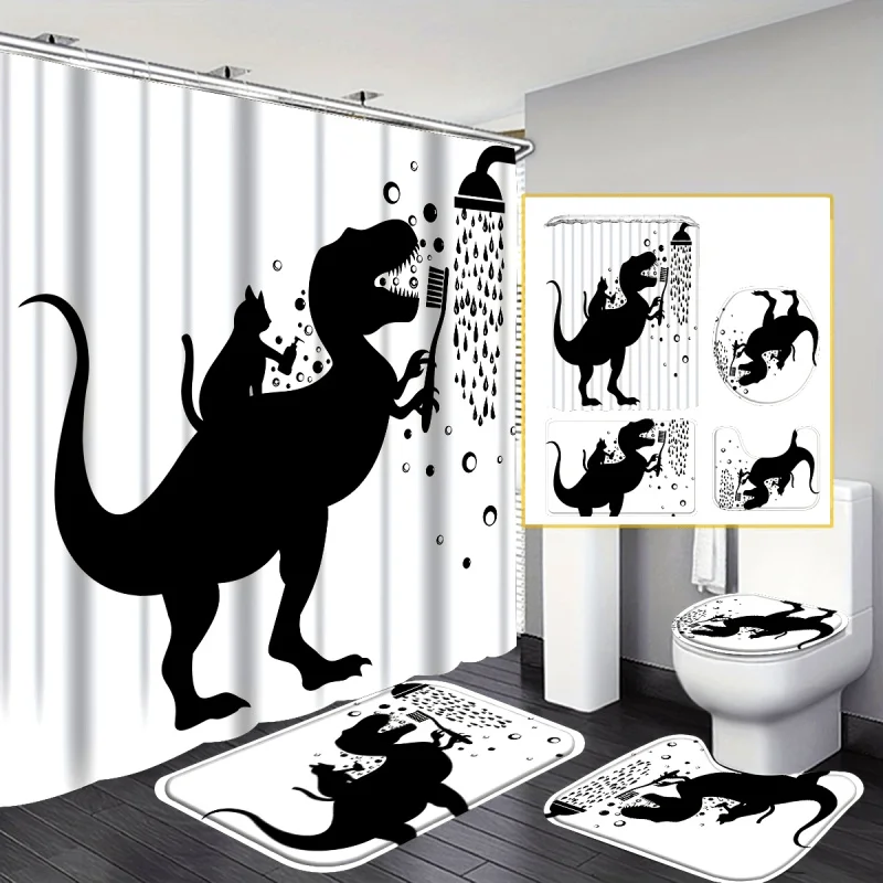 4Pcs Dinosaur Shower Curtain Set, Housewarming Gift Modern Home Decor, Black And White Tooth Brushing Bathing Dinosaur Pattern S