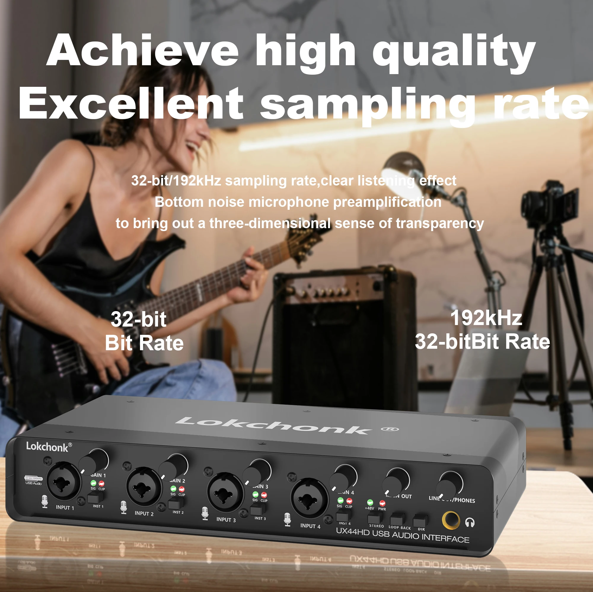 UX44 Audio Interface Sound Card 4-Channel Mixer 32-bit/192KHz for Game Voice,Podcast,Live Recording,Professional Studio Singing