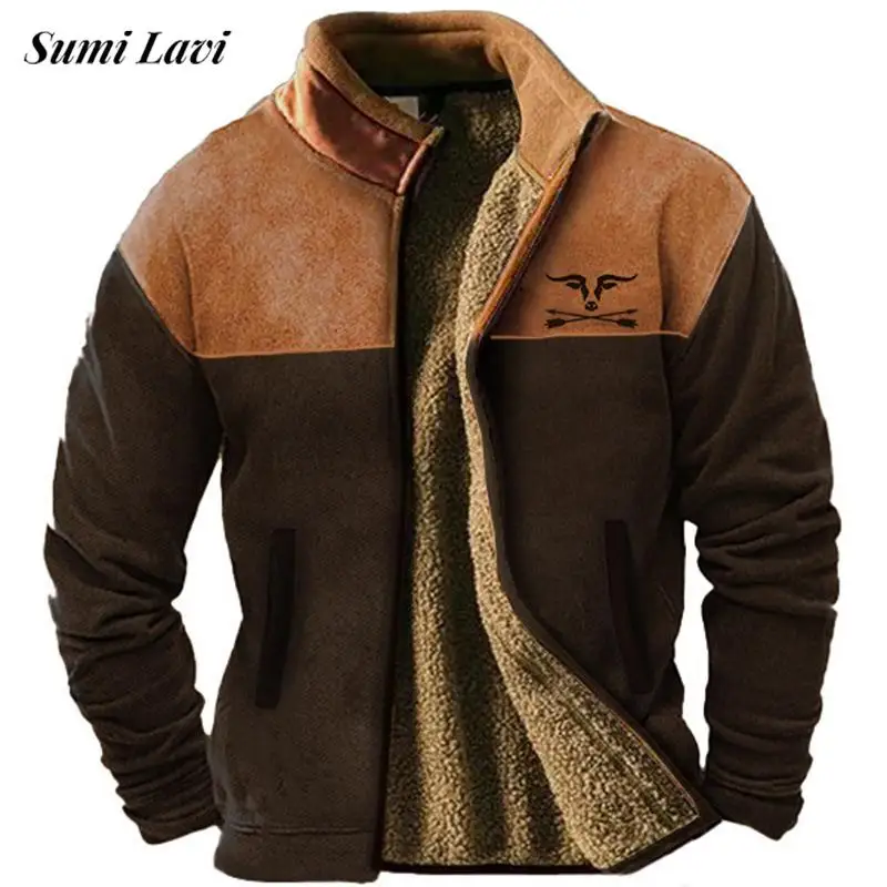 

Stylish Zipper Stand Collar Fleece Jacket For Men Autumn Winter Vintage Patchwork Jackets Casual Long Sleeve Mens Cardigan Tops