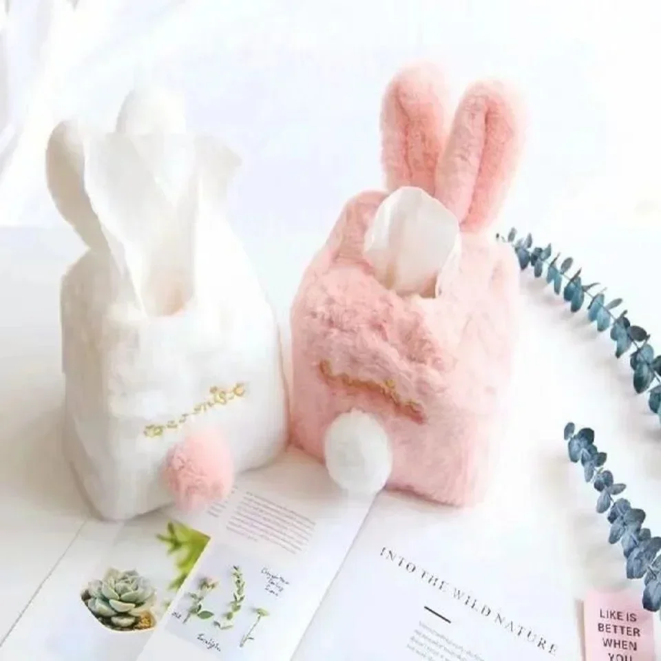 Kawaii Tissue Cover Cute Pink Plush Rabbit Tissues Storage Box Girls Gift Home Decoration Gift Toilet Paper Holder Napkin Case