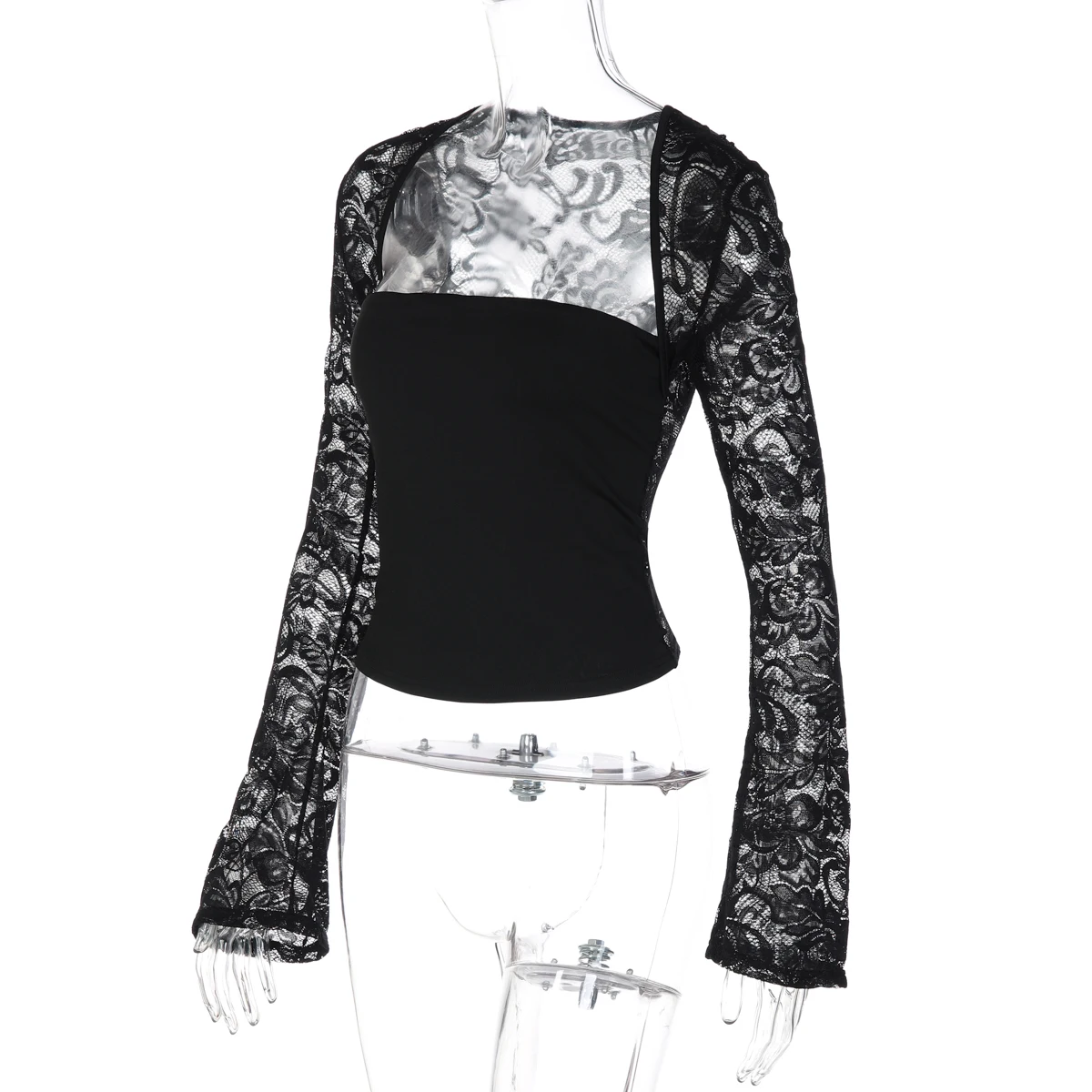 Hugcitar Modisches Quadratischer Kragen Langarm Patchwork-Spitzen-Print Sexy Crop-T-Shirt Transparente Herbst-Damenkleidung Streetwear Nachtclub – Detail 3