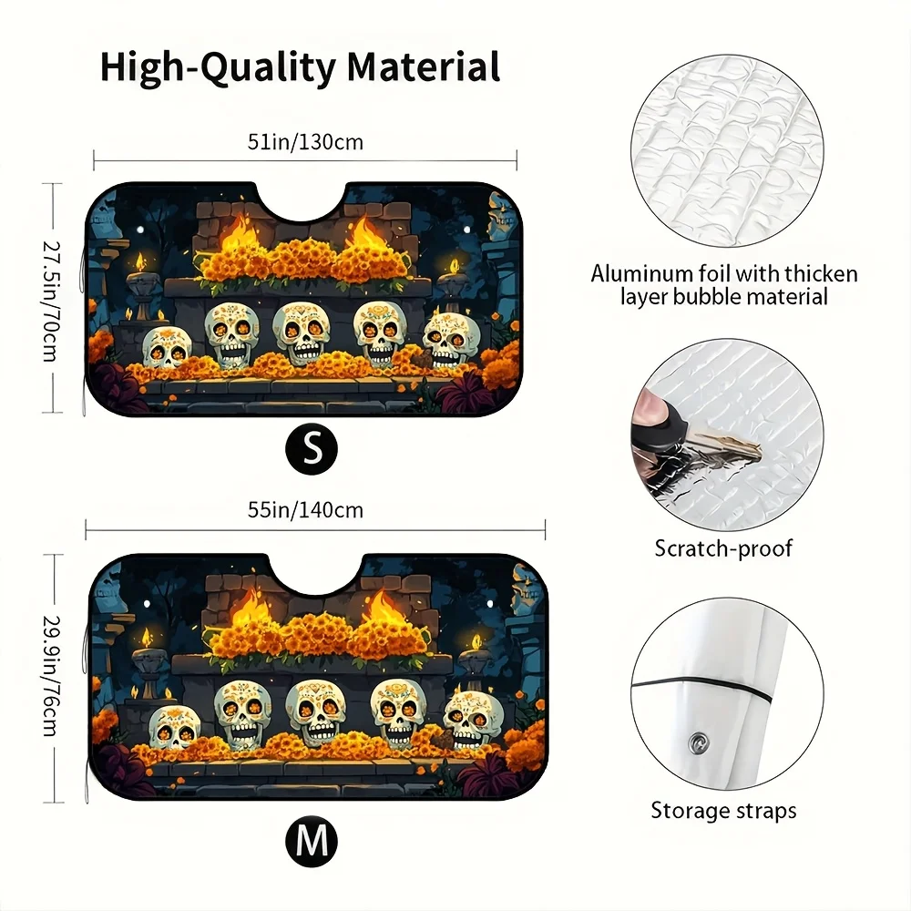 1pc, Cultural Symbol Altar Day Of The Dead Car Windshield Sunshade, Soft Insulated Design 4 Non Slip Pads, Camping Adventures, U