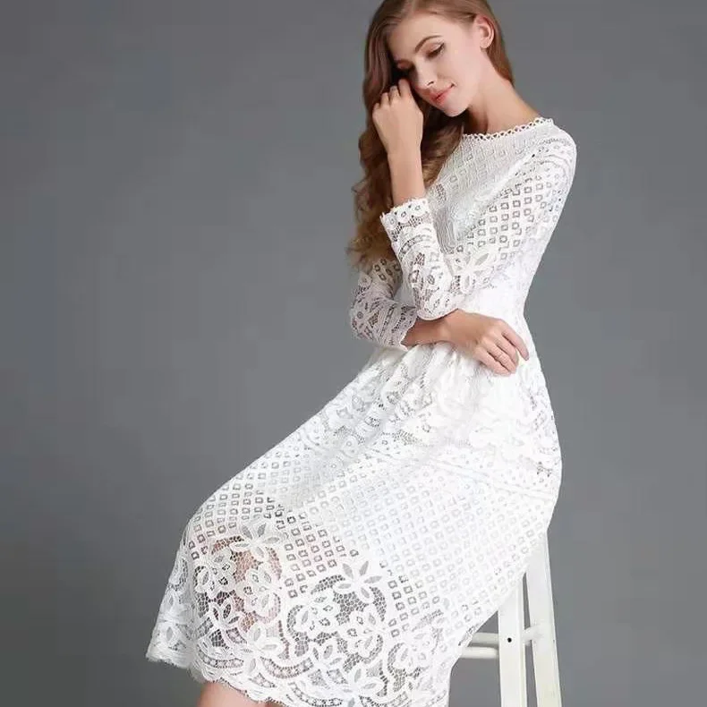 Primavera outono novas roupas femininas cor sólida em torno do pescoço simples oco renda manga longa magro midi vestido