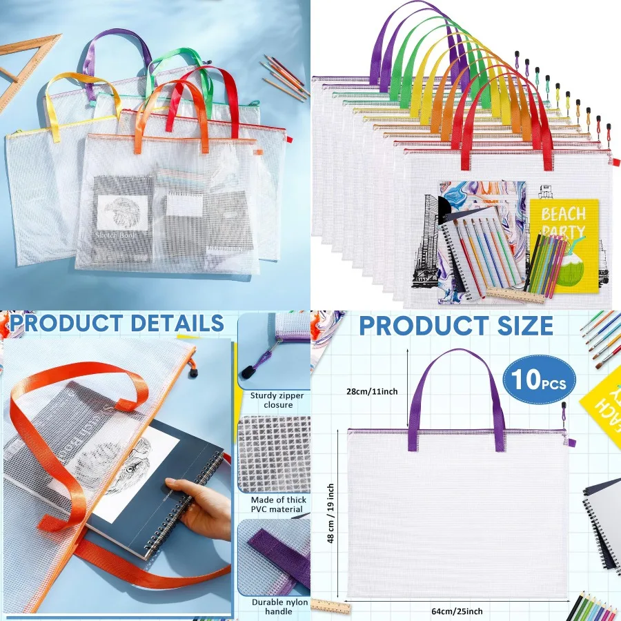 레지너리 10개입 19x25인치 아트 포트폴리오 가방 벌크 지퍼 및 손잡이 포함 투명 화이트 가방 아트워크 포스터 게시판용