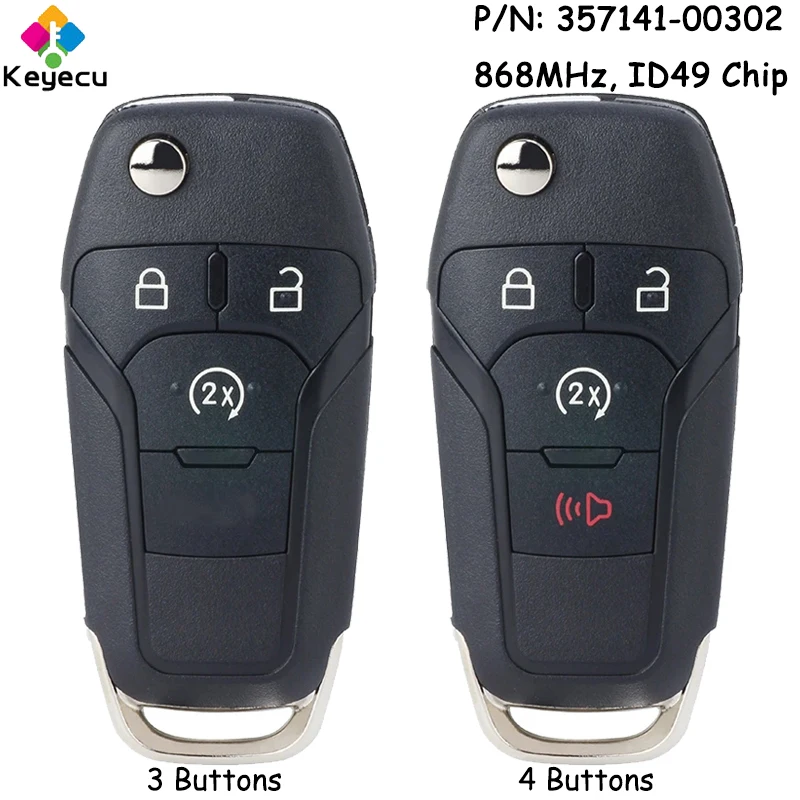 

KEYECU Flip Remote Car Key With 3 4 Buttons 868MHz ID49 Chip for Ford F-150 F-250 Mondeo Fusion Escort Transit Fob 357141-00302