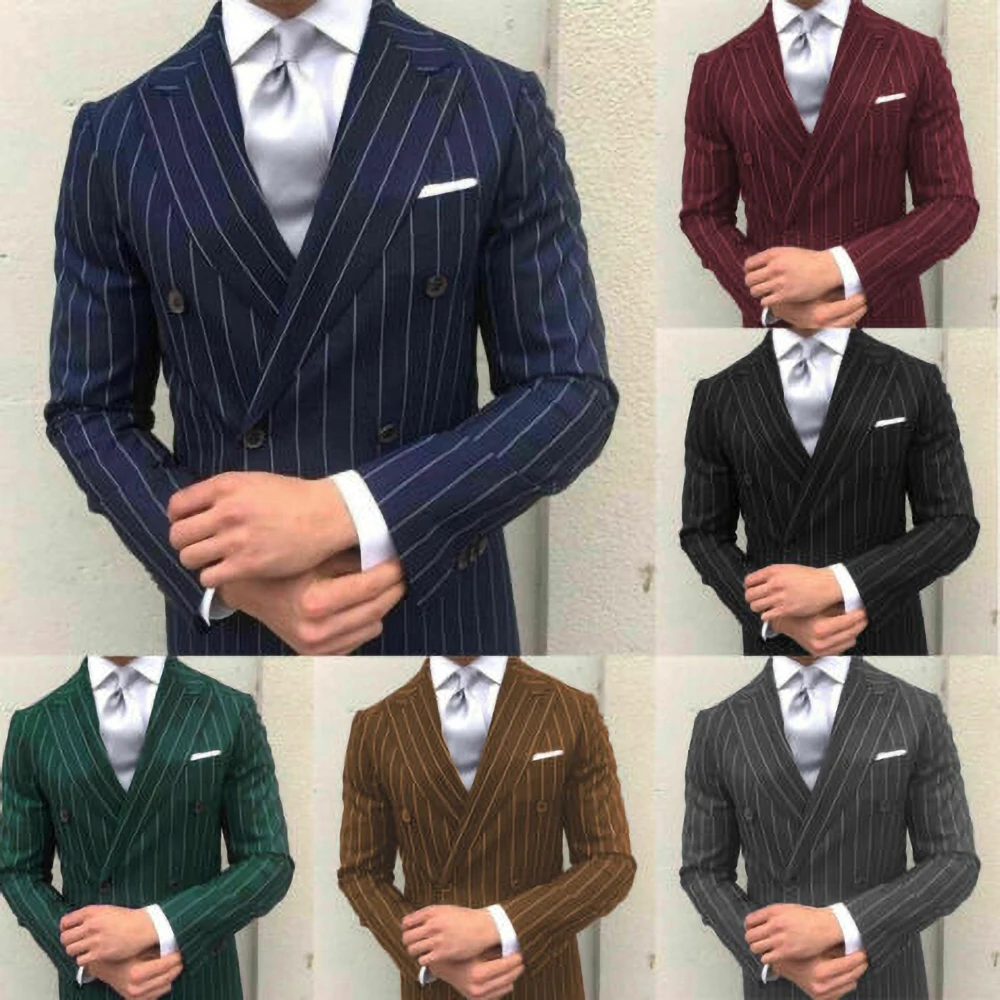 Fashion Vertical Stripes Male Blazer Peak Lapel Double Breasted Men\'s Jacket 1 Piece Business Casual Wedding Tuxedo Chic Blazer