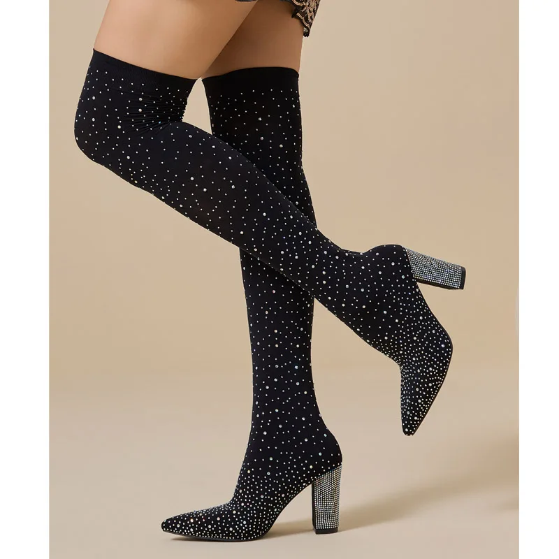 Aneikeh Crystal Over‑the‑Knee Sock Boots Pointed Toe Stretch Fabric Block Heel Thigh High Boots Party Nightclub Ladies Footwear