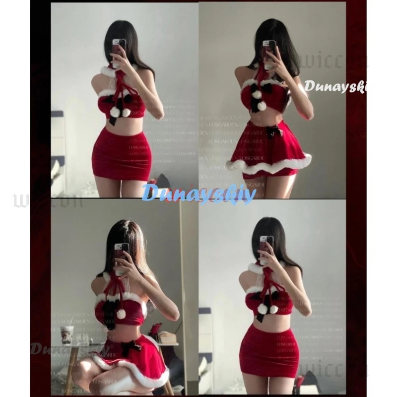 Christmas Costumes for Women Hanging Neck Top with Hat Fancy Dress Set Xmas Party Adult Red Hat Santa Cosplay Costume