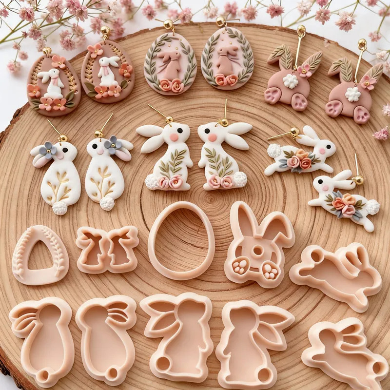 1 para wielkanocnych królików do gliny polimerowej Cute Cartoon Bunny Shaped Dangle Clay DIY Kolczyk Biżuteria Wisiorek Narzędzia garncarskie