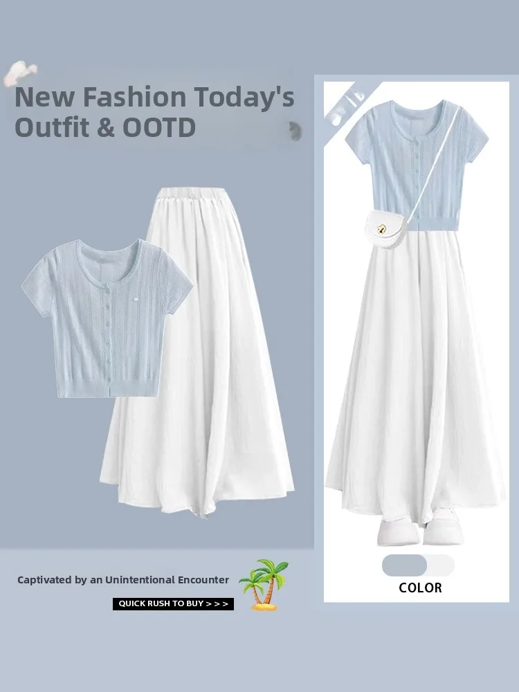 

Women's Short Sleeve T-Shirt And Loose Midi Skirt Two-Piece Set Summer Blue Casual Fashion Outfit Polyester Fiber Long Pants