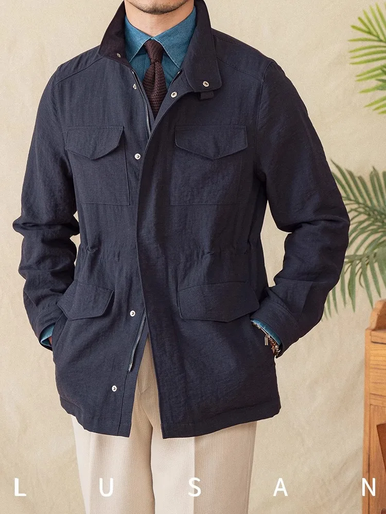 

Men's Linen Blend M65 Jacket - Lightweight Breathable Stand Collar Hunting Coat
