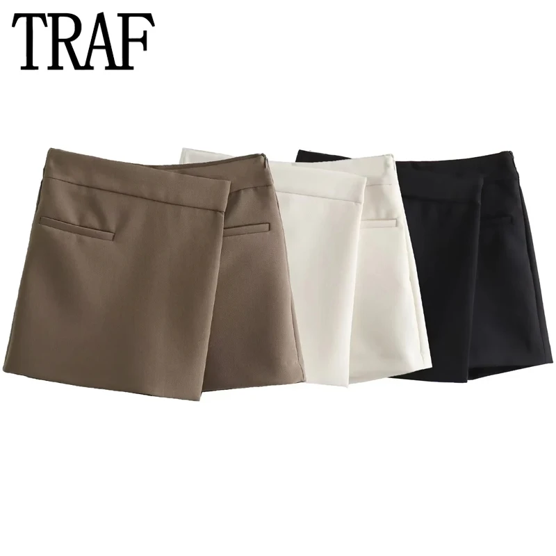 TRAF Asymmetrical Women\'s Skort High Waist Mini Skirt Shorts Woman Autumn Short Skirts For Women Chic And Elegant Woman Skirt