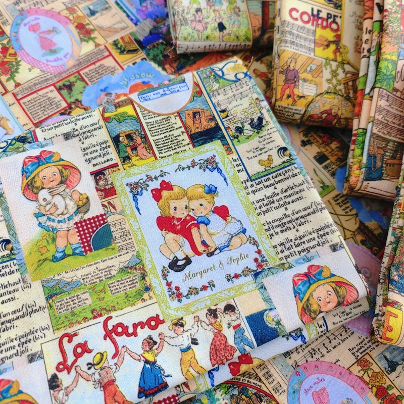 20 Count Vintage British Cartoon Newspaper Comic Cotton Fabric Kids Bedding Decoration DIY Handmade Material for Pajamas