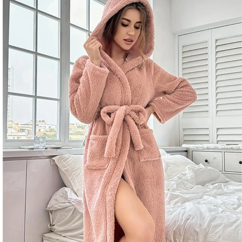 

Pink Coral Fleece Robe Winter Sleepwear Women's Home Clothes Hooded Casual Bathrobe With Pockets And Belt Warmth And Comfort