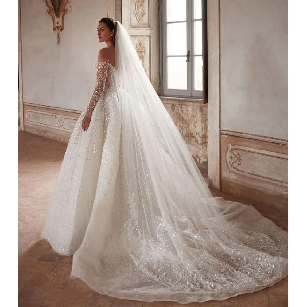 ゴージャスなボールプリンセス花嫁ドレス長袖ビーズシャイニングチャーチトレインローブAラインウェディングドレスカスタマイズ