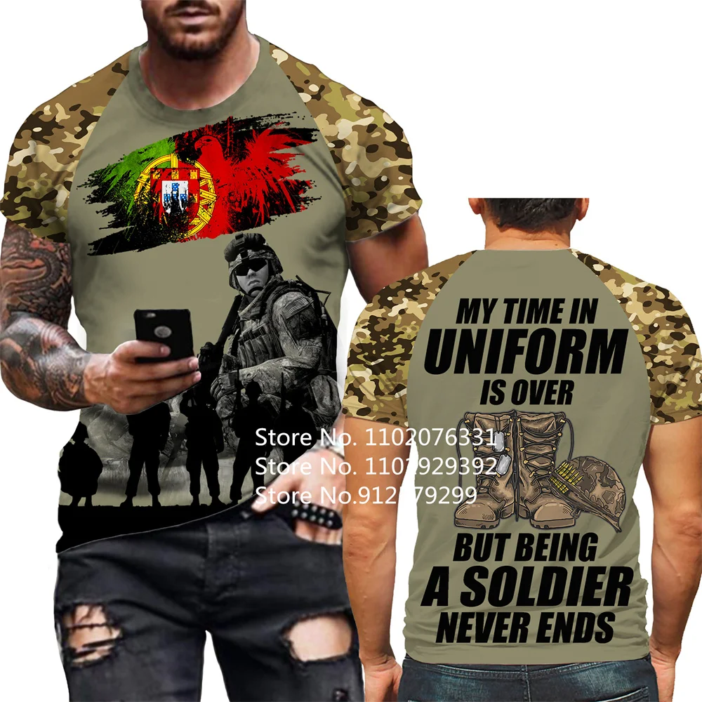 Vintage Soldier Portugal Flag 3D Printed T-shirts Army Veteran Short Sleeve Camouflage Casual T Shirt Men Tee Tops