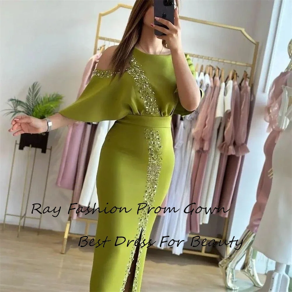 

Elegant Straight Prom Dress Satin O Neck With Half Sleeves Beaded With Front Split Customize Vestido De Baile For Women