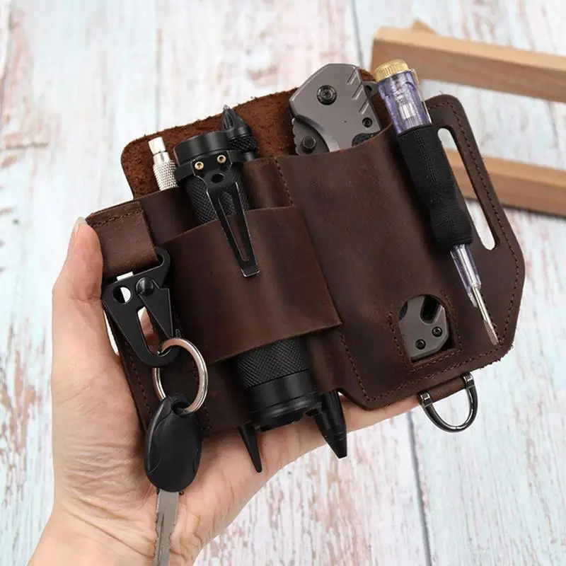 Leather Belt Bag Outdoor Tool Sheath Holder Camping Hunting Holster For Keychain Flashlight Pen Knife Handmade EDCs Leather Case