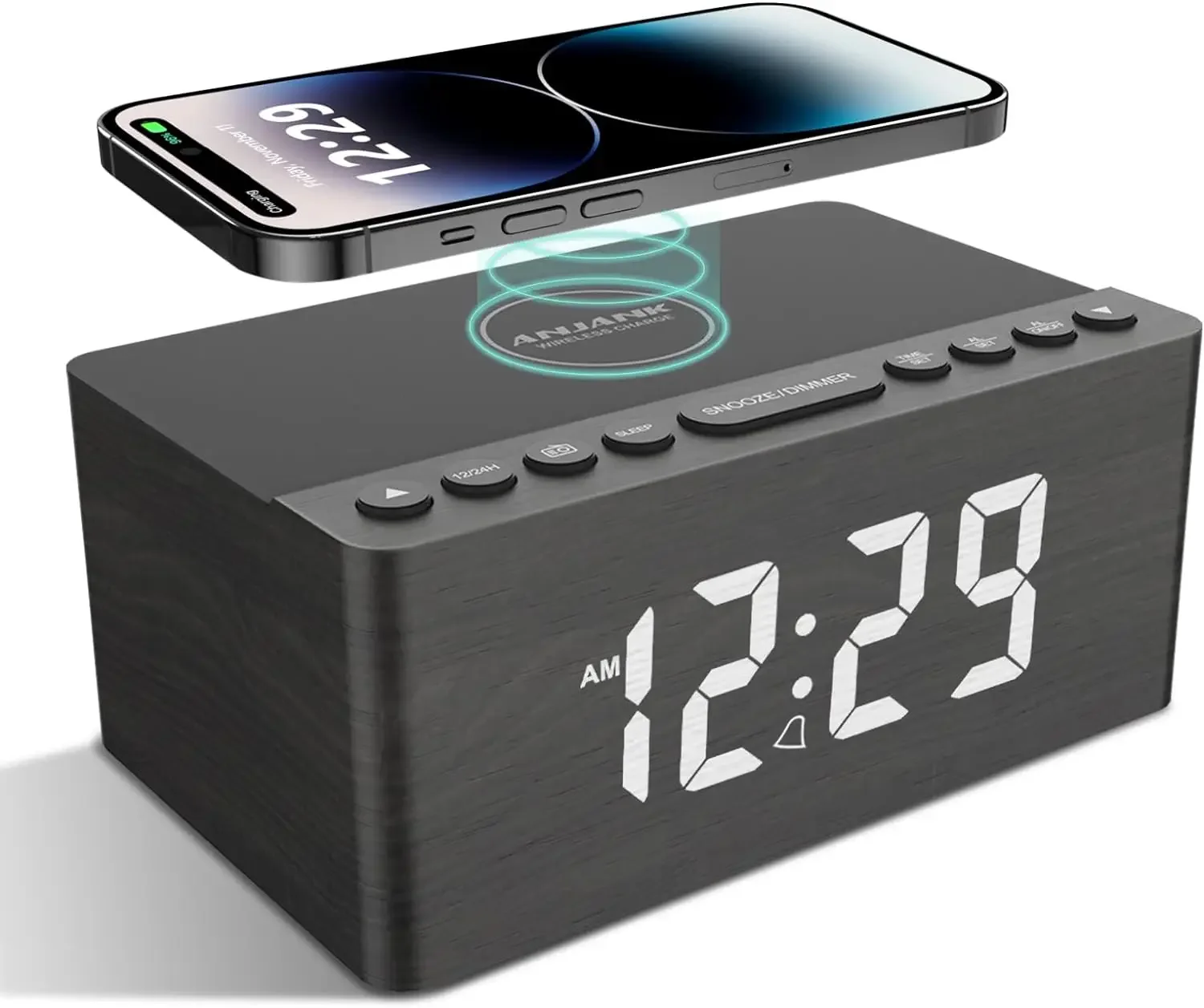 Digital LED Alarm Clock FM Radio, Fast Wireless Charger Station, USB Charging Port, Sleep Timer for Bedroom, Bedside, Desk Wood