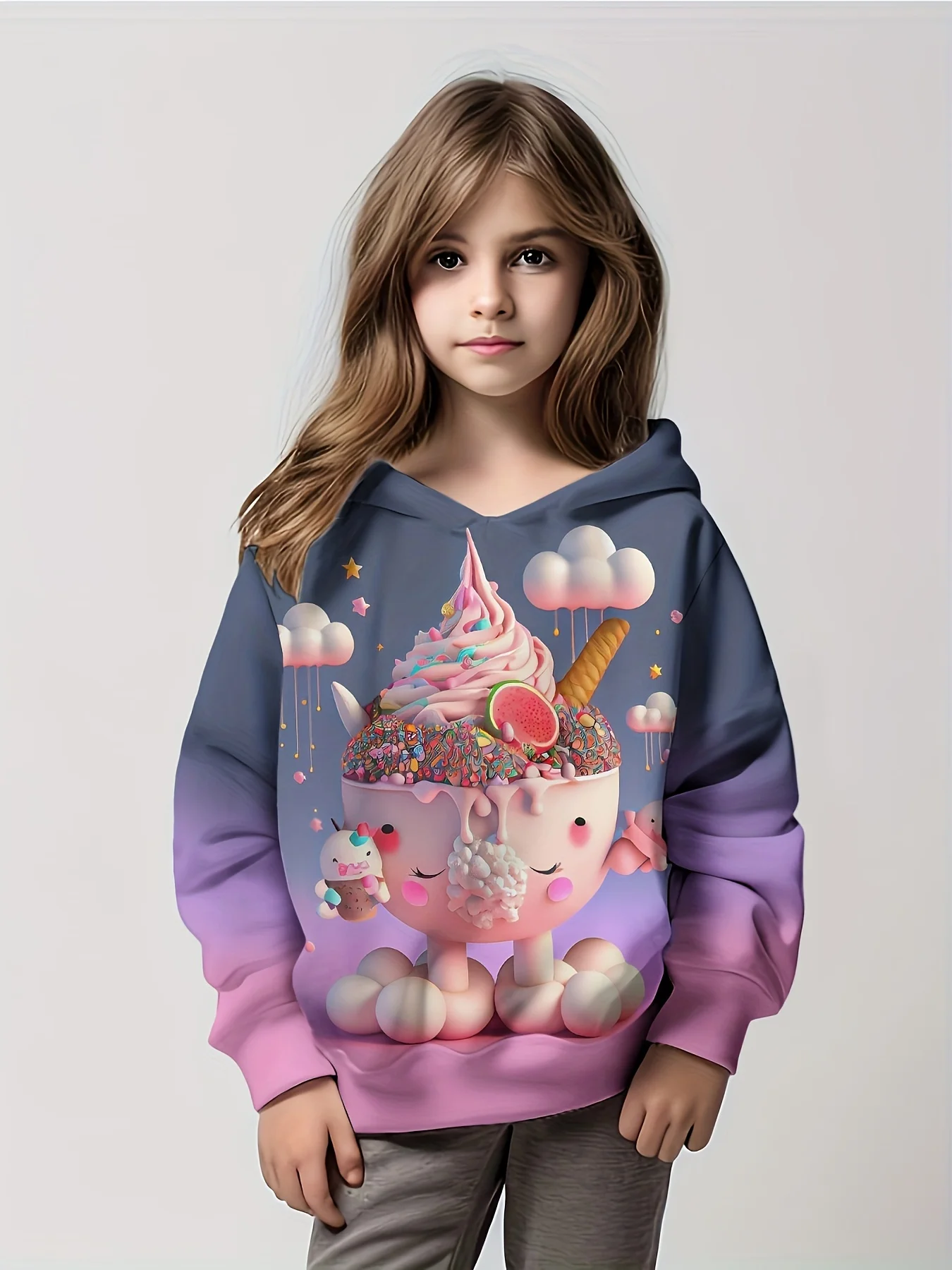 Girls Casual Spring Autumn 3D Ice Cream Print Hoodie Sweatshirt Comfortable Streetwear for Kids