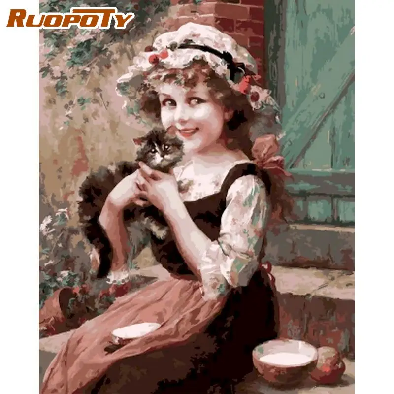 

RUOPOTY Cat Girl Figure Oil Painting By Numbers Handmade 40x50cm Framed Acrylic Paint Drawing On Canvas Home Decor Artwork