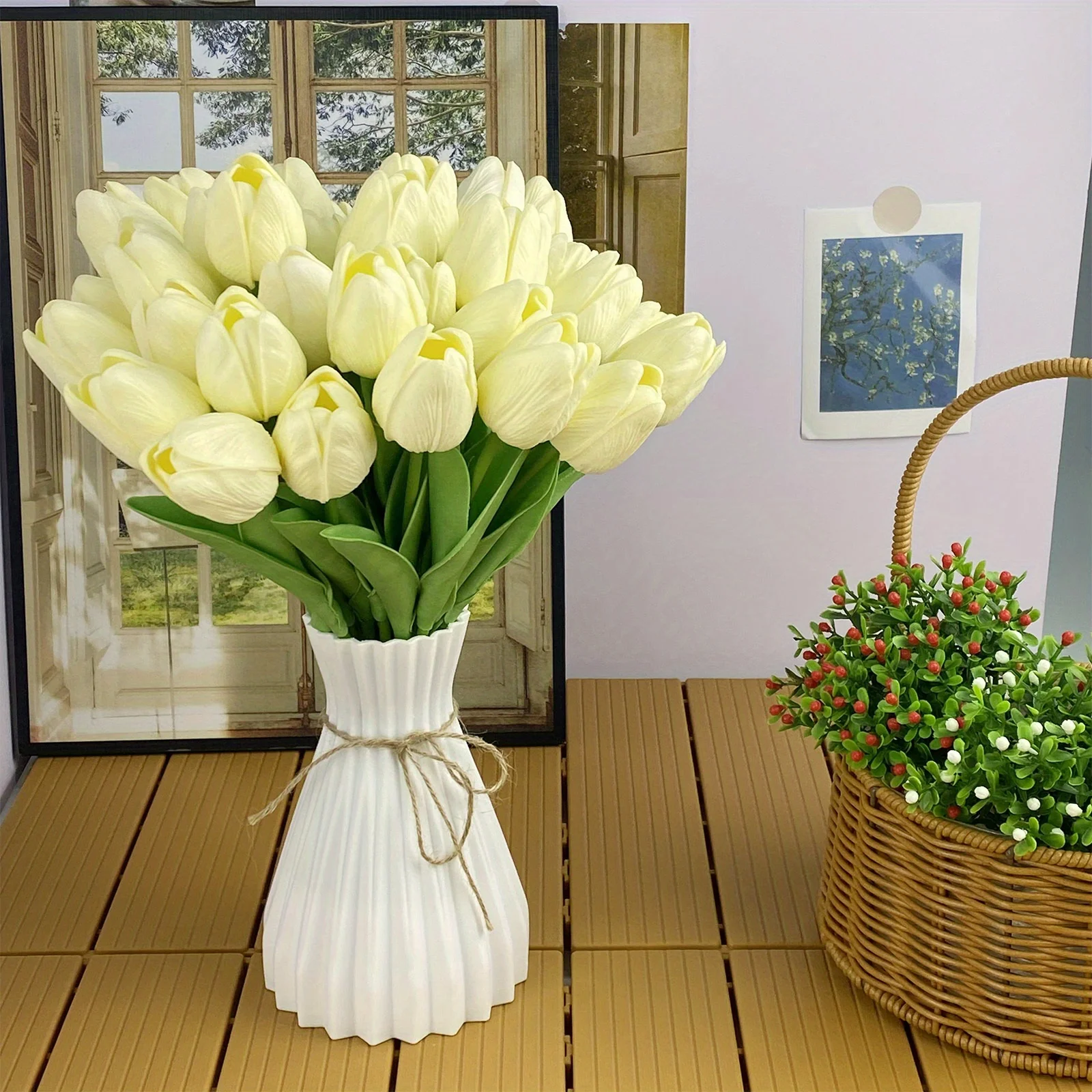 

30pcs, Milk white Lifelike Artificial Tulips for Spring Wedding Bouquets and Table Decorations - Realistic PU Flowers for room d