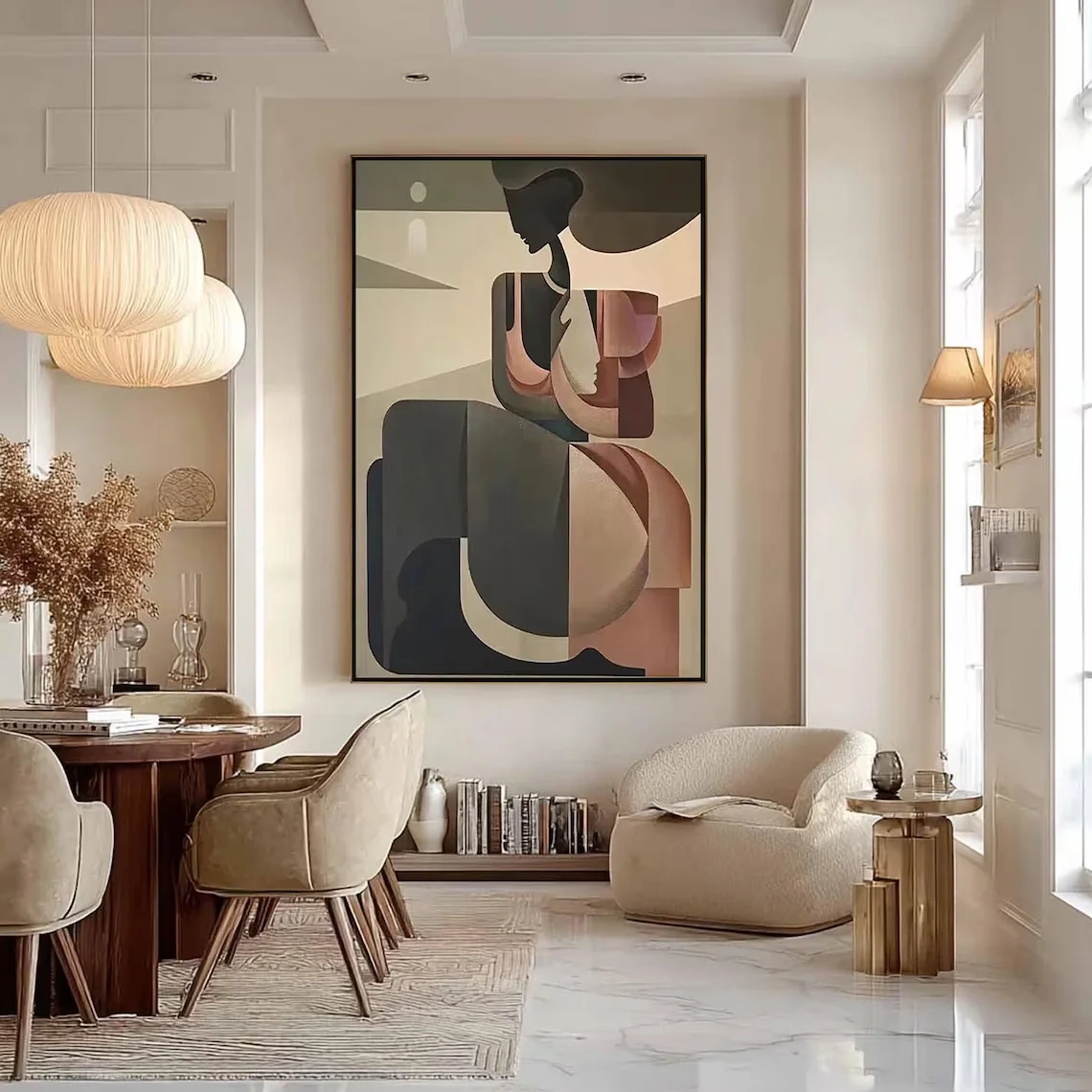 Abstraktes Frauengemälde auf Leinwand, großes geometrisches Wandbild, modernes kubistisches Kunstwerk, neutrales minimalistisches Dekor, originelle Erdtöne