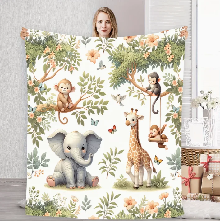 A Cozy Spring-Themed Blanket Featuring Cute Animals Like Monkeys and Butterflies It'S Soft and Warm Gift for Holidays